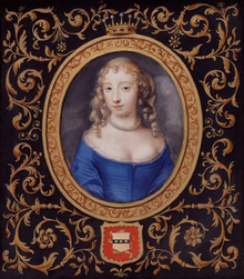 half-length miniature portrait in an oval format set in a rectangle filled with decorations of a young woman with fair hair and some curls wearing a blue low-cut dress