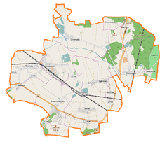 Mapa konturowa gminy Miłkowice, u góry po prawej znajduje się punkt z opisem „Kochlice”