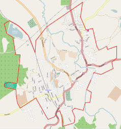 Mapa konturowa Miastka, w centrum znajduje się punkt z opisem „Parafia pw. Najświętszej Maryi Panny Wspomożenia Wiernych w Miastku”