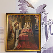 „Die Erscheinung des Engels“. Gemälde aus dem 15. Jahrhundert vor einer Zeichnung, wie Ralf König die Legende interpretiert hat