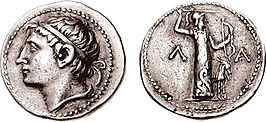 Sparta, Kleomenes III. 235-221 v.Chr. Zilveren tetradrachme (16,83 g). 227-222 v.Chr. Hoofd van Kleomenes met diadeem links / ΛA(ΚΩΝΙΑ), standbeeld van Artemis Ortheia rechts, zwaaiend met speer in de rechterhand en boog in linkerhand.