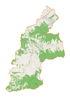 Mapa konturowa gminy Sułkowice, blisko centrum po lewej na dole znajduje się punkt z opisem „Harbutowice”