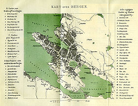 Kaart van Bergen uit 1877, met onderaan de Puddefjord