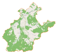 Mapa konturowa gminy Jeleśnia, w centrum znajduje się punkt z opisem „Parafia Niepokalanego Serca NMP”