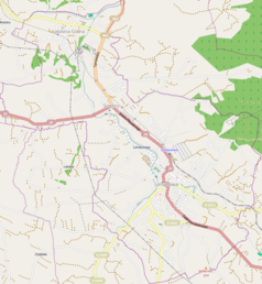 Mapa konturowa Limanowej, blisko dolnej krawiędzi po prawej znajduje się czarny trójkącik z opisem „Jabłoniec”