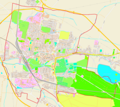 Mapa konturowa Kluczborka, w centrum znajduje się punkt z opisem „Muzeum im. Jana Dzierżona w Kluczborku”