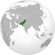 Area controlled by Pakistan shown in dark green; claimed but uncontrolled territory shown in light green.