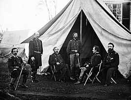 Bevelhebbers van de Army of the Potomac in Culpeper (Virginia), 1863. V.l.n.r.: Gouverneur K. Warren, William H. French, George G. Meade, Henry J. Hunt, Andrew A. Humphreys, George Sykes