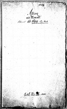 The first page of the treaty of Preobrazhenskoye