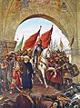 Fatih Sultan Mehmet'in, İstanbul'un kapılarından girişi. Zonaro bu tabloda kendini Fatih'in hemen solundaki yeniçeri olarak resmetmiştir. Eser, Dolmabahçe Sarayı koleksiyonundadır.
