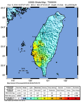 Seismologische kaart van de aardbeving Kaohsiung 2016