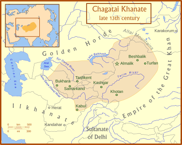 Map of Central Asia with the territory and cities of the Chagatai Khanate marked