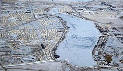 Aerial view of Chestermere in winter