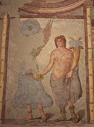 Detail aus der Wandmalerei: Geflügelte Victoria und Genius mit Füllhorn.