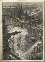 Henri Lanos illustrates Un monde sur le monde, a dystopian novel co-written with Jules Perrin [fr] and serialized in Nos loisirs [fr] magazine (1910-1911).