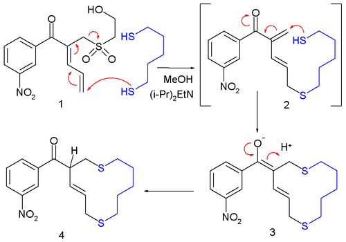 A macrocyclization: a 1,5-pentanedithiol terminus attacks the butadiene tail of a 1-substituted 2,4-pentadien-2-yl aryl ketone. Instead of forming an enol, the compound undergoes an allylic shift, expulsing the 1-substituent and leaving a 5-thioether 1,3-pentadien-2-yl ketone. The other end of the thiol then adds to the ketone in conjugate.