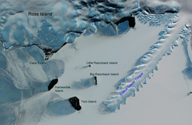 Satellitenbild (ASTER) des McMurdo-Sunds mit Dellbridge-Inseln, östlich liegt die Erebus-Gletscherzunge