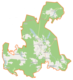 Mapa konturowa gminy Lipusz, blisko lewej krawiędzi na dole znajduje się punkt z opisem „Żelewiec”