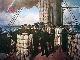 Admiraal Togo op de brug van het Japanse slagschip Mikasa, aan het begin van de Slag bij Tsushima in 1905. De Z-vlag wordt gehesen, die in de Japanse Keizerlijke Marine betekende: "Het lot van het Rijk hangt af van het resultaat van deze slag, laat iedere man zijn uiterste plicht doen!"