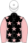 Black, pink stars, pink sleeves, white cap, black stars