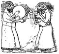 Σχέδιο ανάγλυφης παράστασης. Μεσοασσυριακή περίοδος (1300 π.Χ.). Μουσικοί που παίζουν λύρες, κύμβαλα και τύμπανο.