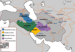 Günümüzün Irak ve Irak-ı Acem'inde kurulmuş olan Yağla-Er/Yağlık-Er Oğulları Devleti ile komşularının haritası.