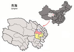 Gonghe County (light red) within Hainan Prefecture (yellow) and Qinghai