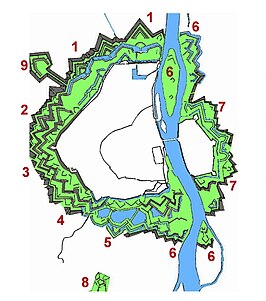 De buitenwerken van Maastricht. Het Jekerkanaal verbindt De Kommen (5) met de Nieuwe Bossche Fronten (1)