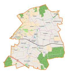 Mapa konturowa gminy Mełgiew, w centrum znajduje się punkt z opisem „Mełgiew”