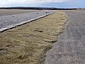 Ablagerung von Peles Haar an der Bord­stein­kante eines Park­platzes südlich des Hale­maʻumaʻu-Kraters (2018 im Krater verschüttet)