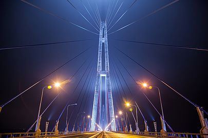 Night view of cable tower from the road