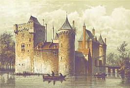 Slot Schagen anno 1612, gezien vanuit het noordoosten. Litho (1854) van C.W. Mieling