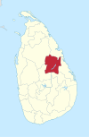 Area map of Polonnaruwa District, roughly square in shape, located at the middle from north east of the centre of the country and south west of the north eastern coast, in the North Central Province of Sri Lanka