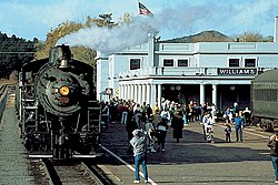 Steam locomotive pulls into Williams Depot