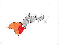 Map of Tutuila where Tuālāuta County is highlighted in red, while the Western District is marked in orange.