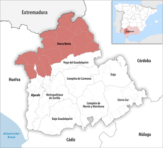 Die Lage der Comarca Sierra Norte in der Provinz Sevilla