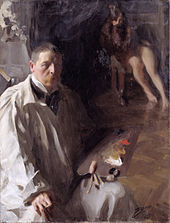 Tablo ön planda gevşek beyaz bir kıyafeti ve boyalarıyla ahşap bir palet tutan bıyıklı bir adamı gösterir. Sağ üstte bir çift kadınsı bacak görülebilir.