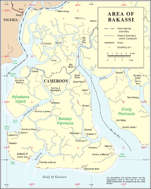 Halbinsel Bakassi mit dem Rio-del-Rey-Ästuar östlich.