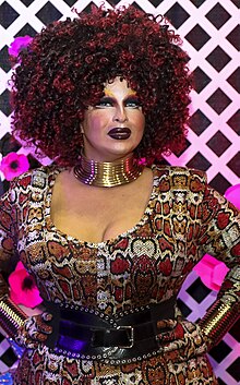 Photograph of a drag performer posing with her hands on her hips