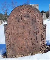 Early example of Bartlett's work on Windsor brownstone, dated 1748. West Cemetery, Somers, Connecticut.