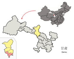 Bairi County (red) within Wuwei City (yellow) and Gansu