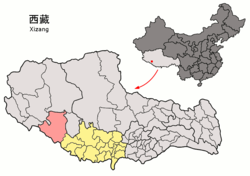 Location of Zhongba County (red) in Xigazê City (yellow) and the Tibet A.R.