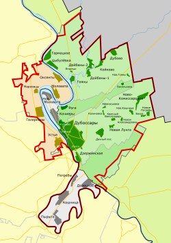 Map of Dubăsari District (green and grey). Green areas are controlled by Transnistria. Grey areas are controlled by Moldova. Brown, grey and dark green areas are moldovan Dubăsari District.