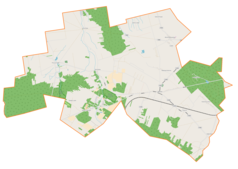 Mapa konturowa gminy Maków, blisko prawej krawiędzi znajduje się punkt z opisem „Pałacyk Łowczego”