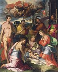 Anbetung des Christkindes mit verschiedenen Heiligen, 274 × 221 cm, 1534, National Gallery of Art, Washington D.C.