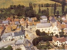 An aerial view of the church, the town hall and the main shops