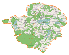 Mapa konturowa powiatu milickiego, blisko centrum na prawo znajduje się punkt z opisem „Stawno”