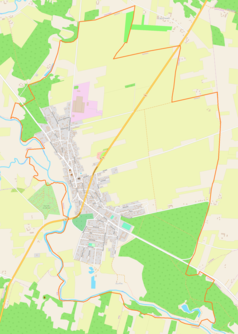 Mapa konturowa Sochocina, blisko centrum na lewo znajduje się punkt z opisem „Kościół św. Jana Chrzciciela”