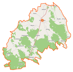 Mapa konturowa gminy Strachówka, po lewej znajduje się punkt z opisem „Krawcowizna”