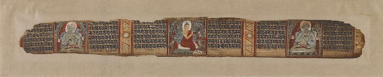 The Buddha distributes honey, from a Prajnaparamita manuscript. Opaque watercolor and ink on palm leaf. West Bengal, 12th century